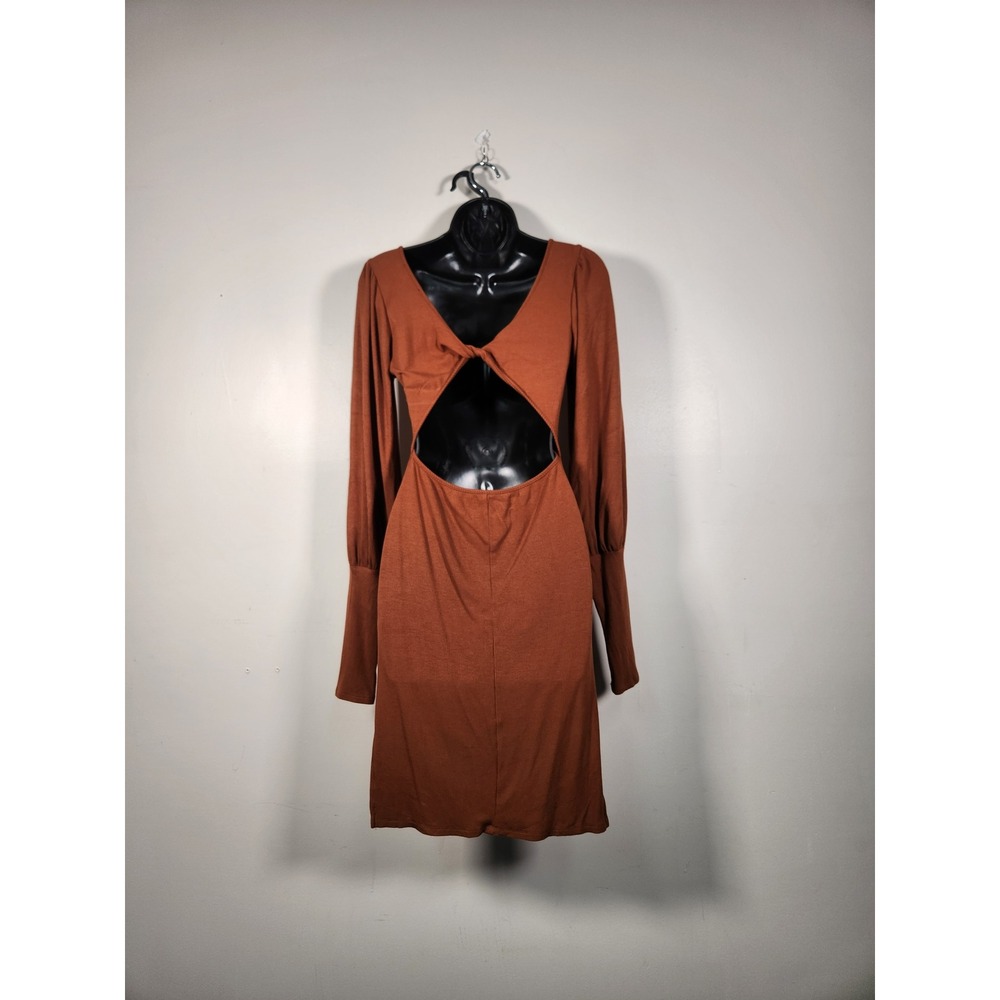 FIRESTAR Mini Dress Women L Brown Ribbed Knit Back Cutout Long Sleeve Party Club - Picture 3 of 12